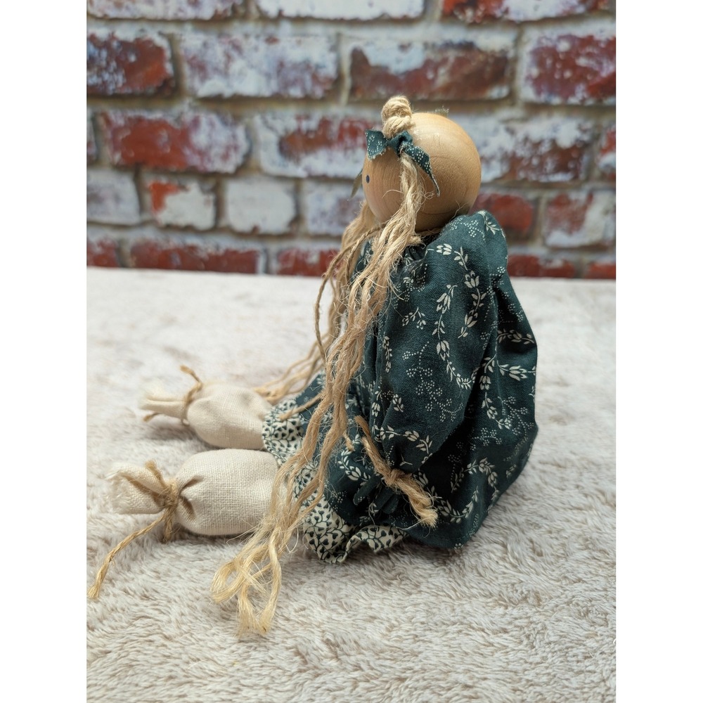 Handmade Primitive Bead Head Doll 80s Wood Block Body Shelf Sitter Green Dress - Picture 8 of 10
